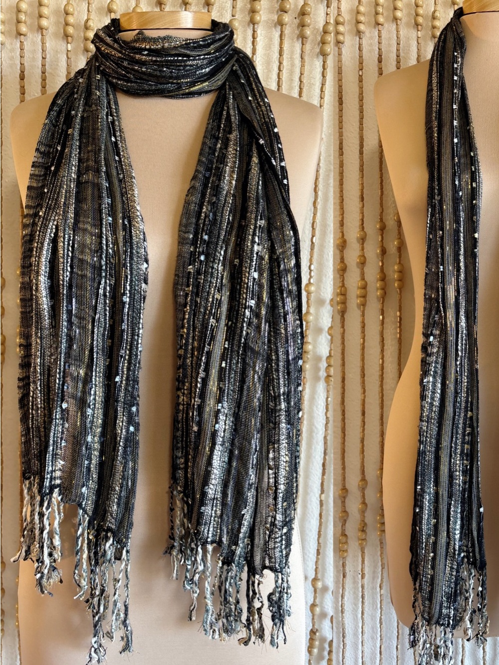 Y2K 2000s Lizzie McGuire Black Silver Gold Sparkly Fringe Boho Glam Scarf